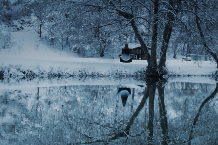 Reflection - lake, winter, tree, chair, snow