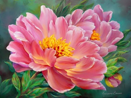 Pink peonies - pretty, beautiful, lovely, pink, leaves, peonies, flowers, painting, garden, art