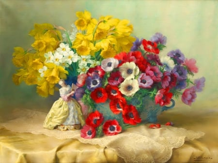 Still life - pretty, vase, beautiful, fragrance, spring, lovely, still life, bouquet, flowers, colorful, scent, painting, art, statue