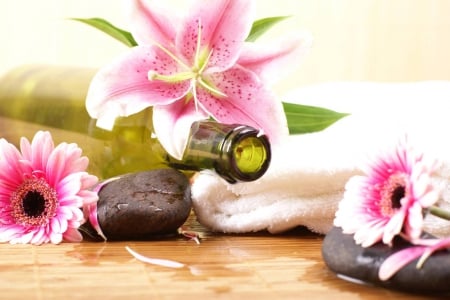 Lilies in the spa - lilies, stone, bottle, pink