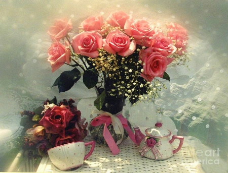 ★Lovely Still Life★ - pretty, roses, softness beauty, beautiful, colors, teapot, lovely, love, still life, sweet, holiday, beloved valentines, love four seasons, Valentines, cup