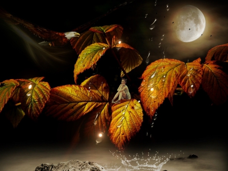 When the night comes.. - moon, fantasy, rain, girl, full, night, sky, leaves