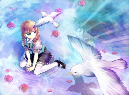 Dove - pretty, bird, anime, kawaii, female, dove, blossom, maiden, dress, ripples, long hair, hd, nice, anime girl, pigeon, water, girl, sundress, lovely, brown hair, sweet, flower, petals, cg, lady, cute, adorable, floral