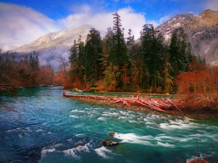 Autumn River - trees, mountains, washington state, fall, forest, clouds, snow, beautiful, river