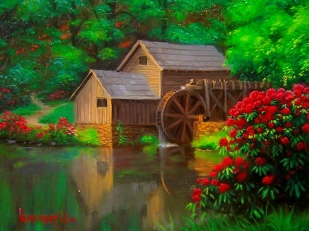 Mabry's mill in spring - trees, greenery, mill, spring, serenity, painting, art, forest, calmness, beautiful, flowers, pond