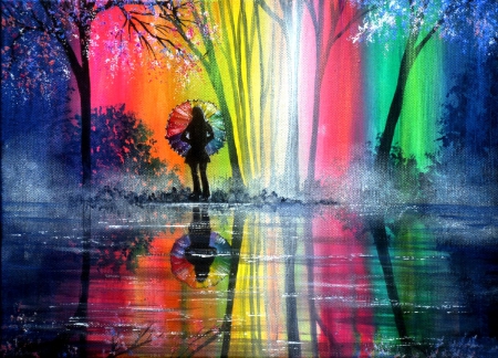 Rainbow Wish - trees, forests, water, abstract, love four seasons, umbrella, scenery, rainbows, paintings, traditional art, landscapes