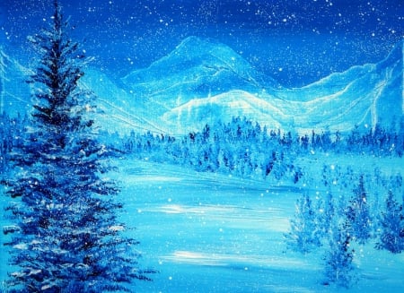 Blue Winter - trees, winter, scenery, beautiful, paintings, snow, colors, holidays, Blue Winter, xmas and new year, nature, landscapes, mountains, love four seasons, traditional art