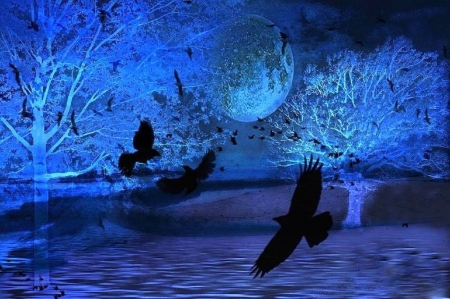 ★Blue Moon with Ravens★ - trees, blue, flying birds, beautiful, colors, gothic, lovely, ravens, moons, nature, love four seasons