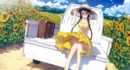 Sun Flower - pretty, twin tail, female, blossom, scene, nice, beauty, flower, cg, white, blouse, green, cute, floral, anime, yellow, kawaii, flower filed, twintail, dress, long hair, sunflower, hd, sky, hat, anime girl, twintails, beautiful, girl, sundress, lovely, sweet, braids, cloud, lorry, adorable, ride