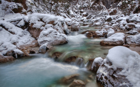 Winter stream - stream, forest, rock, wallpaper, winter, water, landscape, stones, hd, scene, nature, snow