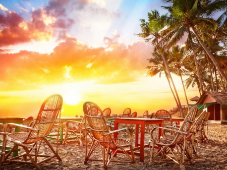 Sea Sunset - house, sunset, beach, tables, recreation, palm trees, chairs, sea