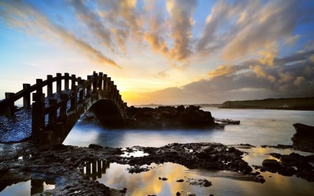 Sunset, - stone bridge - lake, Sunset, stone bridge, mountain