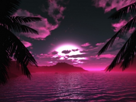 Pink Midnight Cove - sky, ocean, trees, landscape, mountains, midnight, nature, clouds, sea