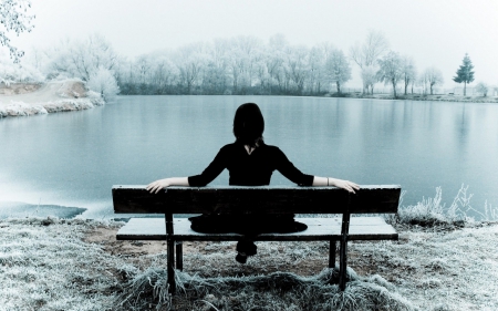 Cold Memory - black, white, winter, bench, gothic, sitting