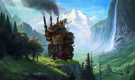 Howl's moving castle - movie, smoke, blue, castle