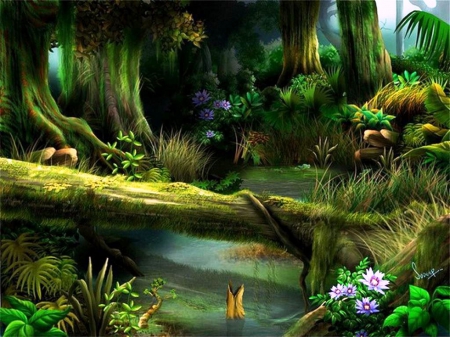 Fairy Forest - plants, creek, flowers, artwork, trees