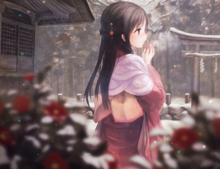 kimono girl - pretty, beautiful, flowers, kimono, house, anime, girl, snow