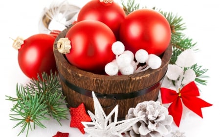 Merry Christmas! - globe, decoration, ball, christmas, basket, white, cone pine, craciun, red, green