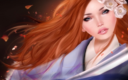 Redhead beauty - rendering, pink, spring, blossom, girl, redhead, fantasy, petals, woman