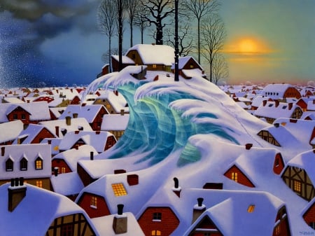 Winter wave - winter, beautiful, evening, snow, moonlight, village, painting, twilight, cottages, dusk, houses, art, wave