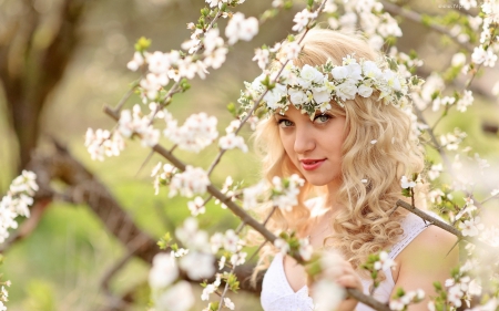 A crown of flowers - flowers, blonde, girl, pretty