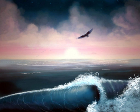 The Sea - mystic, artwork, clouds, waves, bird