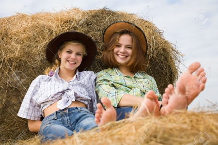 Country Girls - jeans, hat, cowgirl, hay, country