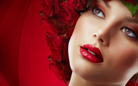 Beauty - red, model, fashion, rose, beauty, red-lips