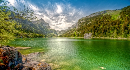 Lake Tanay, Swiss Alps - clouds, trees, summer, blue, beautiful, grass, forest, green, mountains, lakes