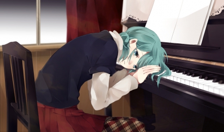 I Can't Do It - Sadness, Vocaloid, Piano, Skirt, Music, Hatsune Miku, Anime Girl, Shirt, Anime, Sad, Bow, Wallpaper, Blue Hair, Vest