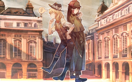 Touhou Sleuths - Sleuth, Black Hair, Blonde Hair, Anime Girl, Brown Hair, Kirisame Marisa, Building, Anime, Hakurei Reimu, Long Hair, Detective, Touhou, Wallpaper, Hat