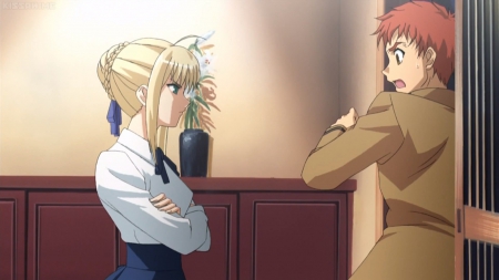 Don't Scare Me Like That!! - pretty, surprised, emiya shirou, female, door, blond, nice, beauty, shirou, angry, emiya, cute, shirou emiya, saber, anime, kawaii, blonde, mad, guy, blond hair, long hair, home, silly, boy, male, anime couple, anime girl, beautiful, girl, shock, blonde hair, lovely, brown hair, sweet, funny, adorable, fate stay night, couple