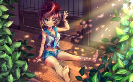 So Bright - pretty, anime, kawaii, female, scene, wink, light, short hair, shining, sunray, nice, anime girl, shades, ray, beautiful, girl, beauty, lovely, brown hair, sweet, floor, shadow, pant, shirt, cute, adorable