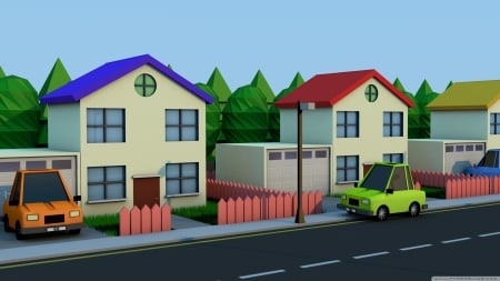 low poly village - car, road, fence, house, tree