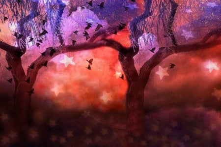 ★Sparkle Starlight★ - trees, flying birds, beautiful, sparkling, colors, lovely, stars, fall, nature, autumn, surreal, love four seasons, woods