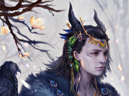 Loki - branch, god, yang fan, fantasy, spring, horns, loki, art, man, blue, jiuge, magnolia, flower