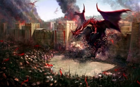 The rampage of the Red Dragon - wings, tower, fantasy, fight, art, battle, game, red, castle, dragon