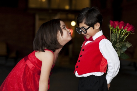 Valentine kiss - couple, girl, bouquet, child, valentine, funny, rose, white, kiss, children, boy, red, sweet, cute, flower