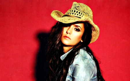 Nina Dobrev - hat, cowgirl, woman, red, girl, Nina Dobrev, actress