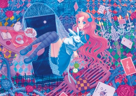 Alice - rabbit, anime, blue, original, girl, light, pink, manga, alice, card