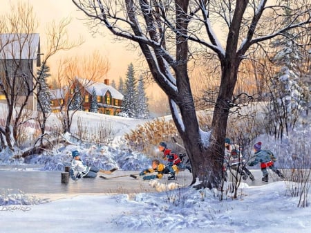 Winter game - fun, snow, children, joy, frost, lake, art, kids, game, winter, beautiful, pond, playing, village, ice, frozen, painting