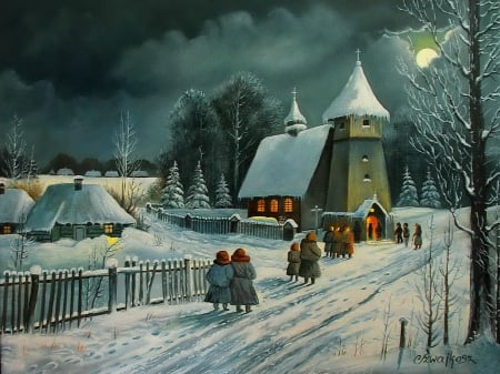 Winter church - silent, moonlight, path, winter, evening, village, church, serenity, night, art, countryside, calmness, chapel, painting, snow