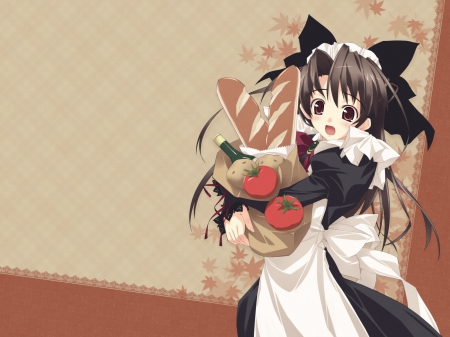 Runaway Tomatoes - shopping bag, wine bottle, anime maid, big eyes, anime, brunette, potatoes, anime girl, maid, maid outfit, brown eyes, tomatoes, bread