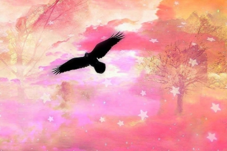 ★Raven in the Stars★ - abstract, beautiful, colors, lovely, pink, stars, ravens, fantasy, surreal, love four seasons