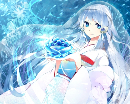 Frozen Rose - flower, blossom, anime girl, girl, oriental, magic, gorgeous, floral, blue rose, blue hair, japan, winter, pretty, snowflakes, awesome, sweet, anime, yukata, dress, flakes, long hair, angelic, nice, lovely, kimono, female, japanese, snow