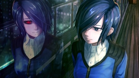 Touka Kirishima - girl, monster, tokyo ghoul, red eye, black eye, mirror, anime, kirishima, touka