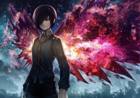 Touka Kirishima - girl, monster, tokyo ghoul, wings, night, red eye, black eye, anime, short hair, kirishima, touka