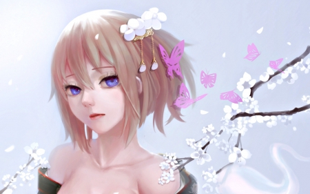 Spring beauty - saigyouji yuyuko, anime, blue, blossom, girl, spring, flower, manga, white, butterfly, art