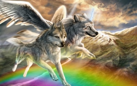 Fantasy wolves - wolf, rainbow, art, angel, animal, wings, digital, fantasy