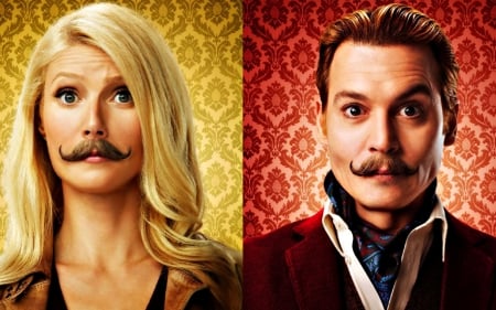 Mortdecai (2015) - red, gwyneth paltrow, funny, actress, mortdecai, yellow, actor, movie, woman, johnny depp, man